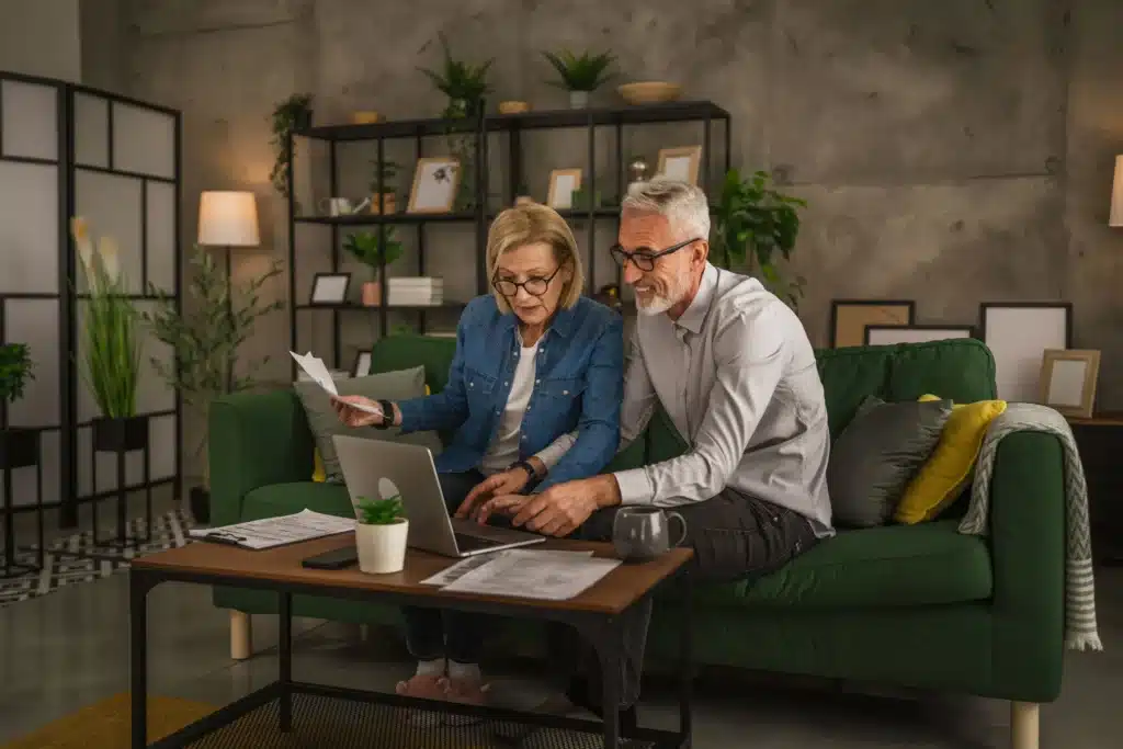 pre-retiree-couple-sitting-on-a-couch-reviewing-documents-and-using-a-laptop-for-coordinated-retirement-planning-and-tax-strategy